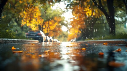 Fototapeta premium Realistic Rainy Day in Autumn with Colorful Leaves and Puddles