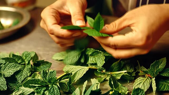 Close-up of hands carefully trimming mint leaves, preparing them for drying or direct use in fresh recipes