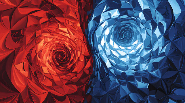 Vivid Abstract Flower Design with Dynamic Blue and Red Swirls
