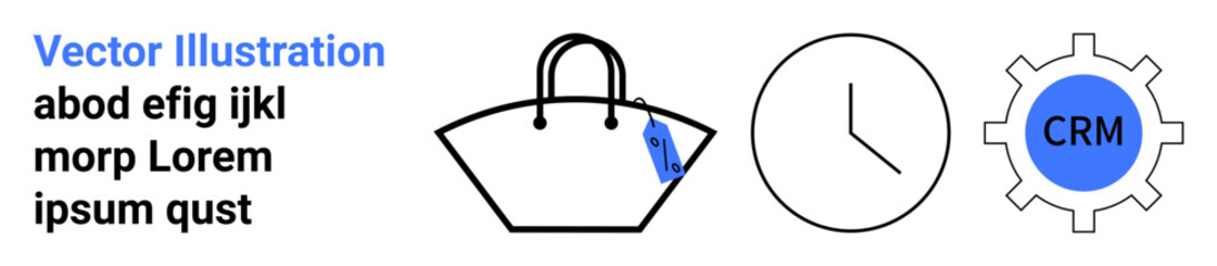Handbag with tag, clock symbolizing time, and gear with CRM text representing customer relationships. Ideal for retail, time management, business, productivity, CRM, fashion e-commerce flat landing