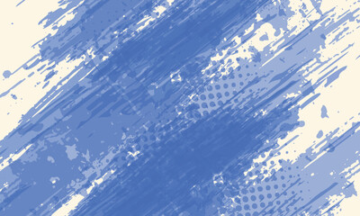 Grainy blue bold brush stroke with spray texture. Hand drawn distress damaged edge vintage template, banner. Grainy bold brush strokes texture with small dots. Retro vector background for posters.