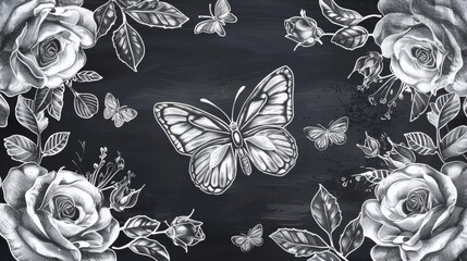 Elegant Chalkboard Butterfly and Rose Floral Illustration Design