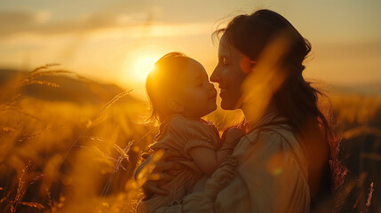 Mother and Daughter Embrace at Sunset in a Field