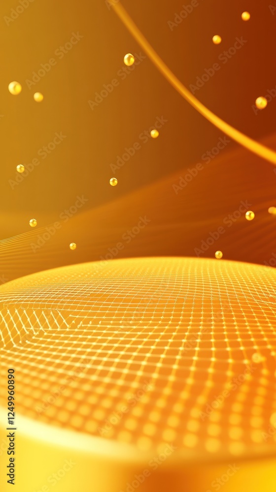 Poster abstract golden background with circular grid and floating spheres
