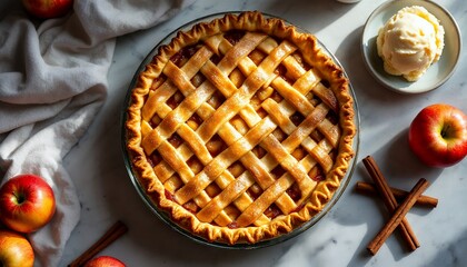 Homemade Apple Pie with Lattice Crust and Vanilla Ice Cream Scoop