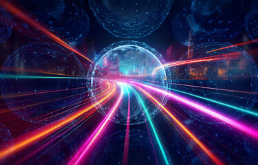 Obraz premium Abstract digital scene with glowing orbs featuring network designs. Vibrant light streaks converge towards the central sphere, creating a futuristic feel.