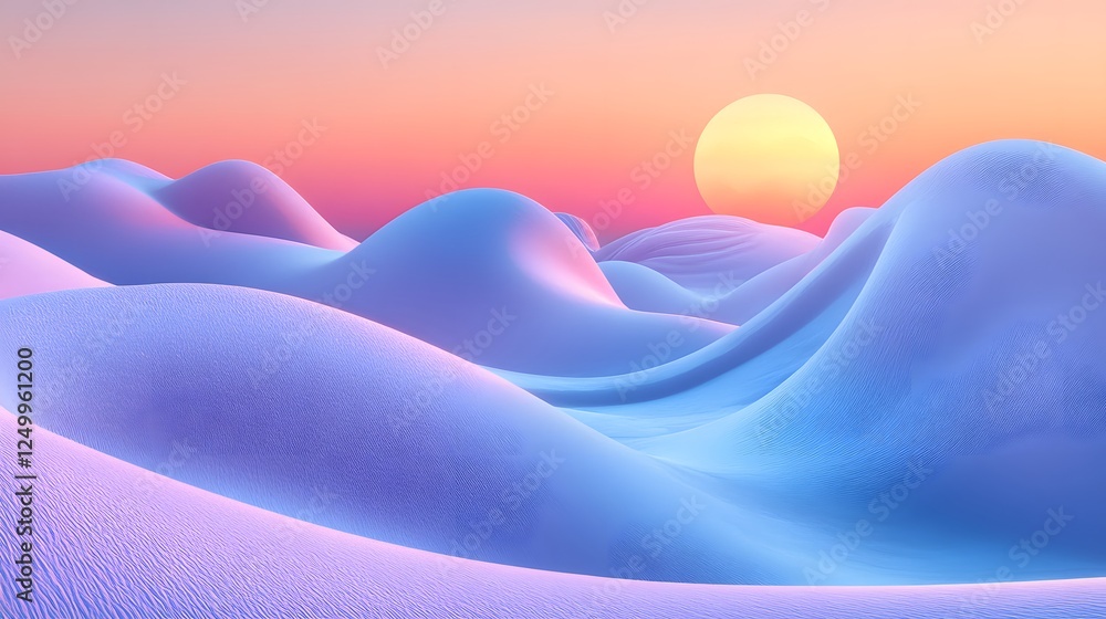 Poster abstract shapes float in an open space with vibran sunset in the desert and a beautiful pink sky at 