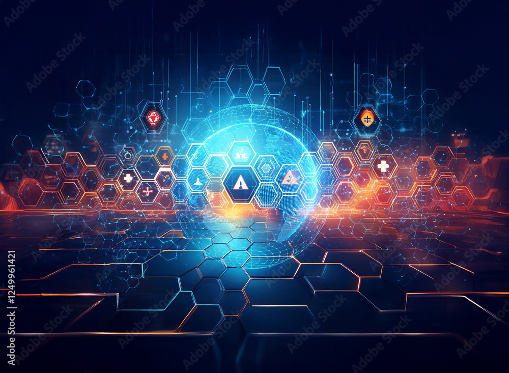 Poster futuristic digital sphere with glowing hexagons and icons, representing a complex technology network