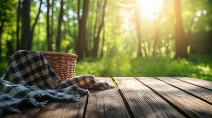 Picnic basket with blue and white checkered napkin on wooden table, blurred forest background