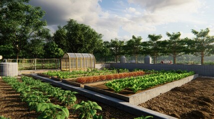 Lush Vegetable Garden with Greenhouse and Water Tank on a Farm