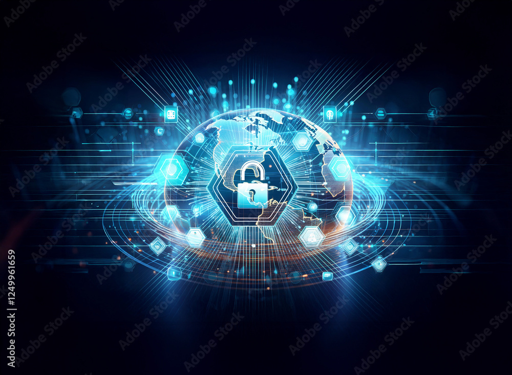 Poster digital globe with glowing network connections and a padlock icon at its core. symbolizes global cyb