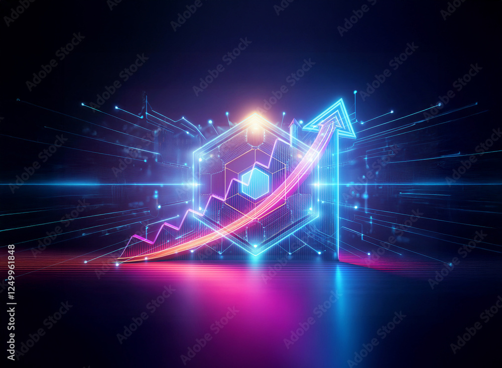 Aufkleber neon arrow points upwards, brightly glowing with pink and orange, set against a dark backdrop. hexag
