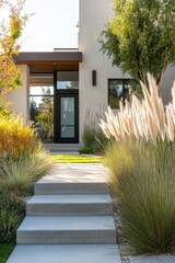 Obraz premium A contemporary entrance pathway, beautifully flanked by vibrant green grass and an array of decorative plants, gracefully leads to an elegant residence under the bright daylight