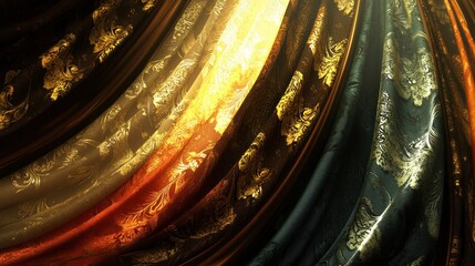 Elegant Flowing Drapery with Intricate Gold Pattern and Radiant Light