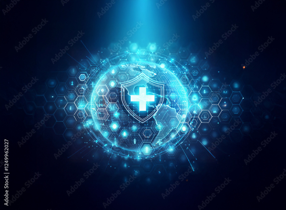 Poster a digital representation of a glowing globe is featured with a prominent shield and a plus symbol at