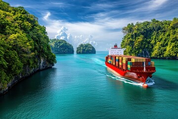 Naklejka premium Container Ship Sailing Through Clear Tropical Waters Surrounded by Lush Green Cliffs and Clouds