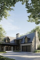 Modern stone house with large windows surrounded by trees, featuring elegant design and spacious exterior in a tranquil neighborhood