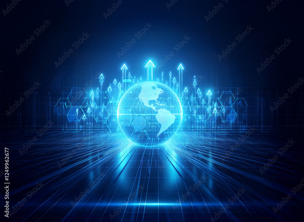 Poster a glowing blue globe is centered with upward arrows and hexagonal shapes on a dark blue background. 