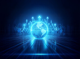 Obraz premium A glowing blue globe is centered with upward arrows and hexagonal shapes on a dark blue background. Bright light rays emanate from the globe and arrows, creating a futuristic, technological feel with