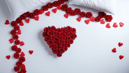 Red heart shaped roses petal on a white bed background with a romantic and decorative design, flatly, valentines day