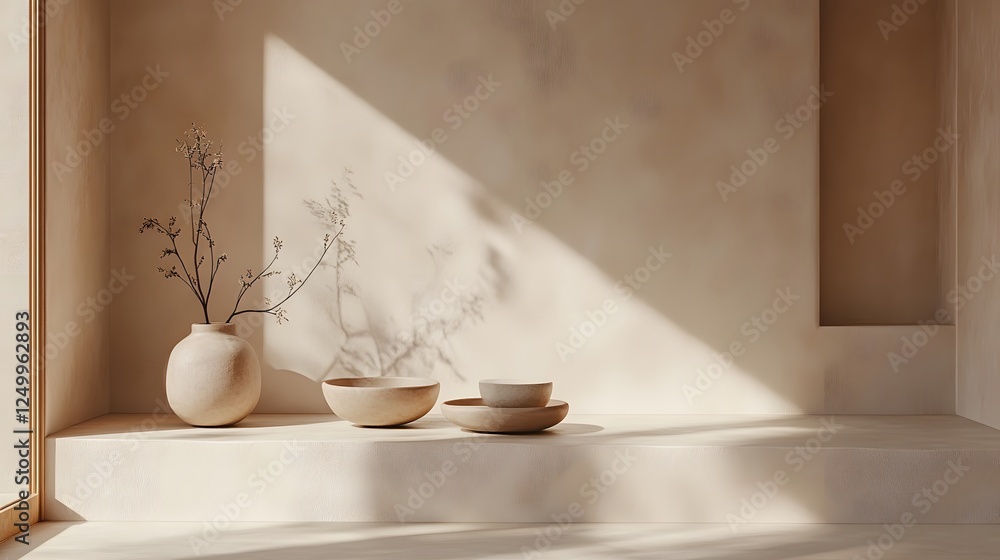Poster abstract composition of shapes in muted pastel col featuring a vase and a bowl on a shelf in a styli