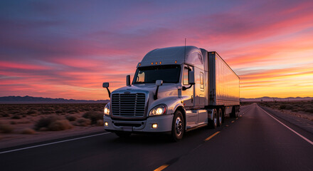 Truck transport driving on highway at sunset with heavy vehicle and trailer