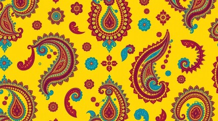 Obraz premium Vibrant Paisley Pattern Yellow Background Fabric Design