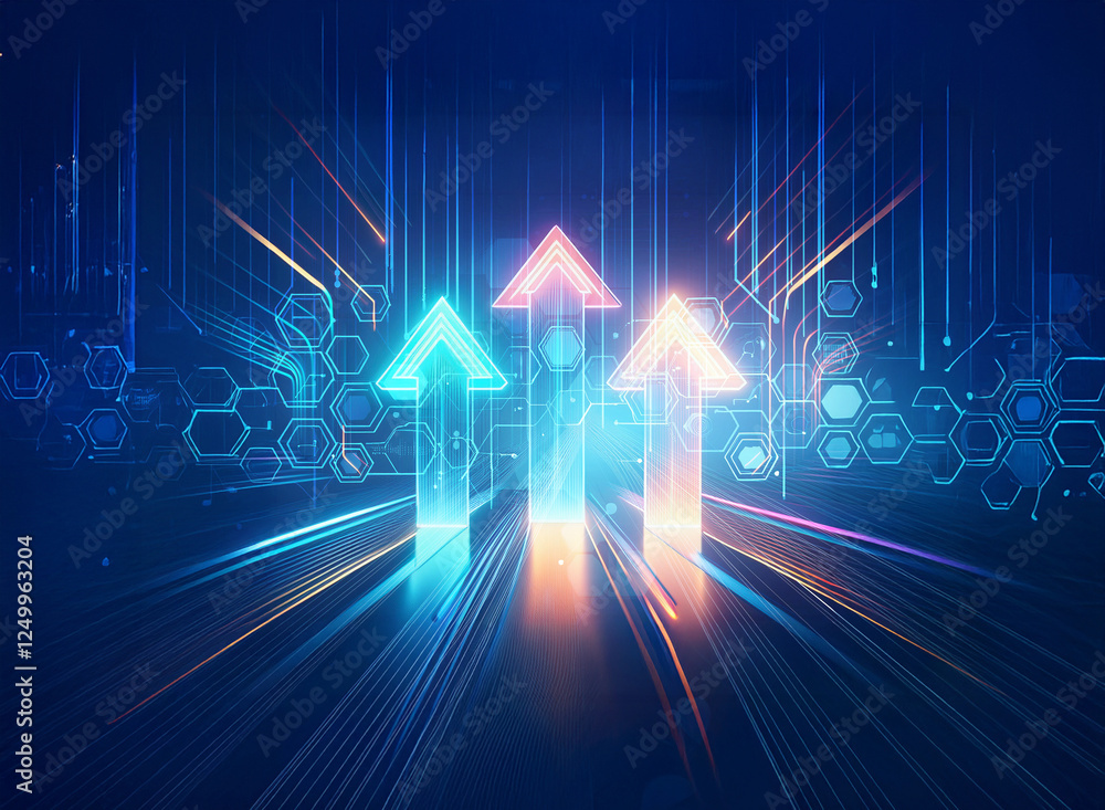 Poster three glowing arrows ascend against a digital backdrop featuring hexagons and light rays. the arrows