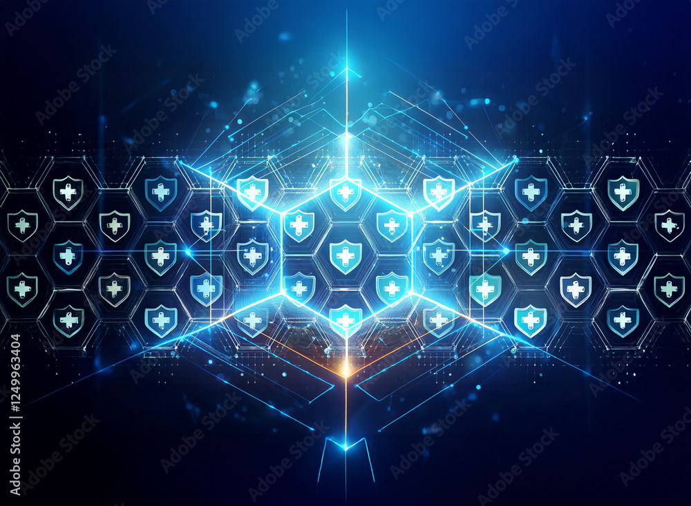 Poster futuristic digital network with glowing blue lines creates a complex structure of shield icons on a 