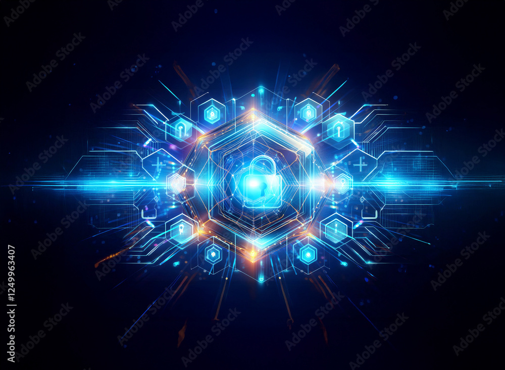 Poster futuristic digital lock icon in vibrant blue and orange hues, emitting bright light. abstract design