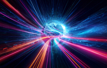 Obraz premium Vibrant blue and orange light rays speed towards a central point against a dark cosmic backdrop.
