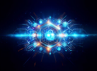 Futuristic digital lock icon in vibrant blue and orange hues, emitting bright light. Abstract design with hexagonal shapes and circuit patterns represents network security and technological connection