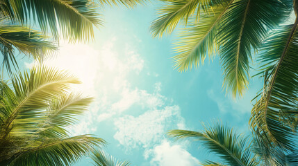 A scenic view of palm trees reaching toward a clear blue sky, creating a peaceful and tropical atmosphere.