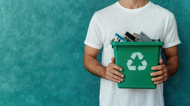 Man holding a green recycling bin filled with electronic waste promoting e-waste recycling and environmental responsibility - Powered by Adobe