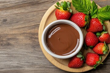 Fresh Strawberries and Chocolate Dip on Wooden Plate for Delicious Dessert or Snack Idea