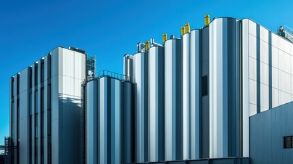 Obraz premium Modern industrial building with metallic facade under clear blue sky, showcasing engineering design