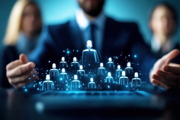 Professional leader presenting digital network of diverse individuals connected through technology in a modern business environment