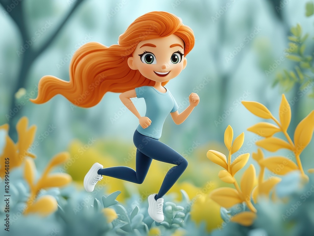 Poster a cheerful animated character running through a vibrant, nature-filled landscape.