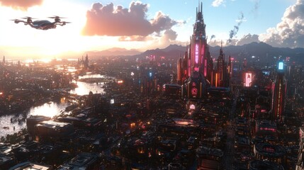 Naklejka premium Futuristic Cityscape Drone View At Sunset
