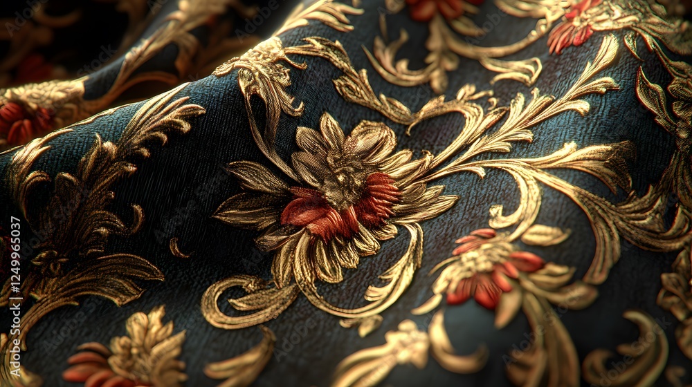 Poster 3d textile modeling of intricate fabric patterns showcasing a close-up of floral design on blue text