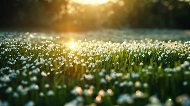 Golden sunlight illuminates a field of blossoming flowers during early morning in a serene natural setting