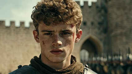 Young knight stands in front of a medieval castle during a battle preparation scene in bright daylight
