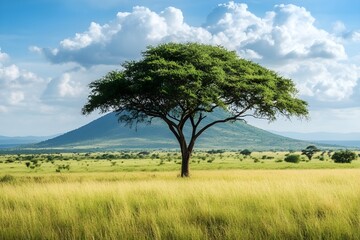 Obraz premium The beauty of the savannah, depicting a large tree standing majestically in a vast field, with towering mountains as a backdrop, depicting the harmony of nature