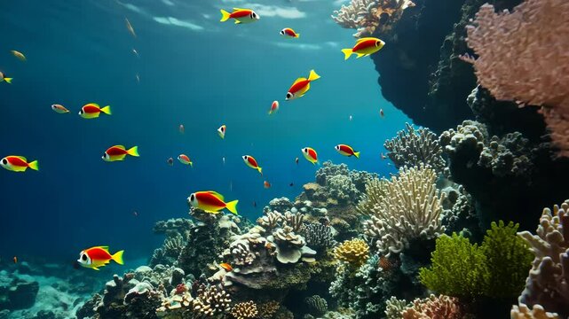 Vibrant tropical coral reef scene, teeming with colorful fish, symbolizing diversity and beauty of marine life.