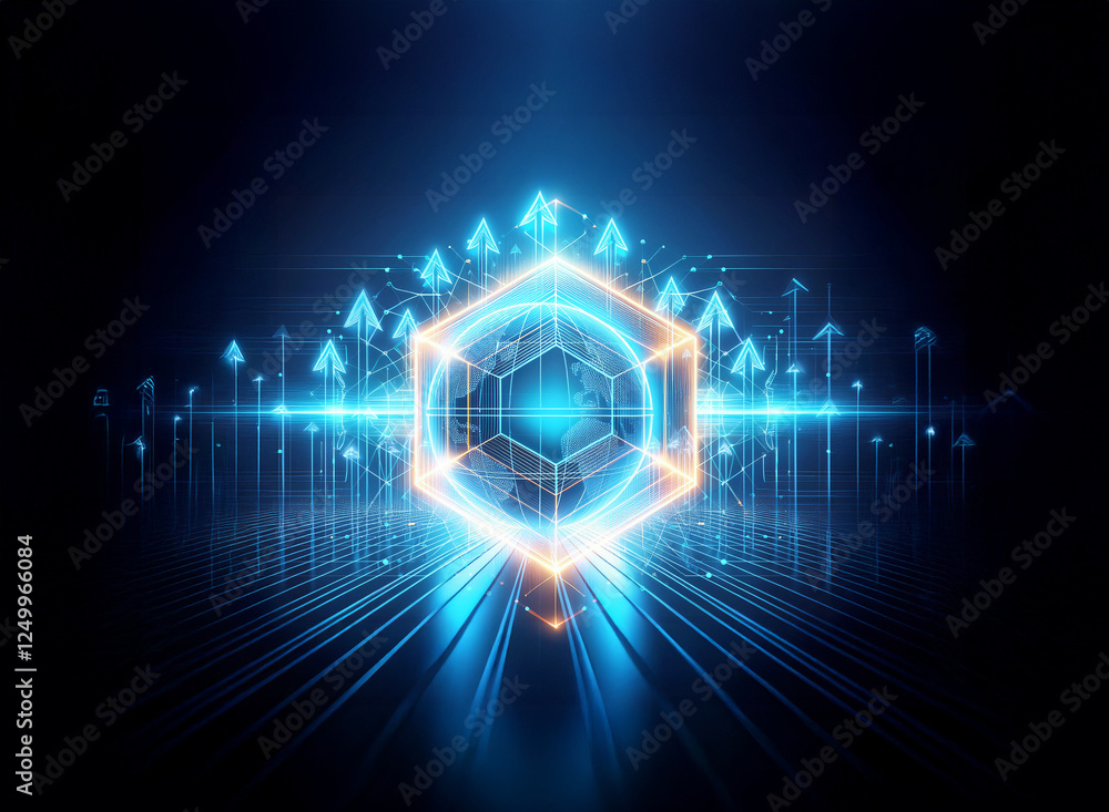 Poster a futuristic glowing hexagon with bright blue and orange outlines and arrows pointing upwards on a d