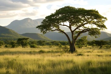 Fototapeta premium The beauty of the savannah, depicting a large tree standing majestically in a vast field, with towering mountains as a backdrop, depicting the harmony of nature