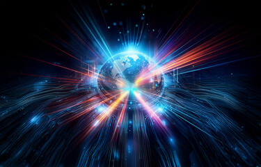 Obraz premium A luminous globe radiates bright blue and orange beams in dark space, symbolizing global connectivity, technology, and energy with dynamic streaks of light.