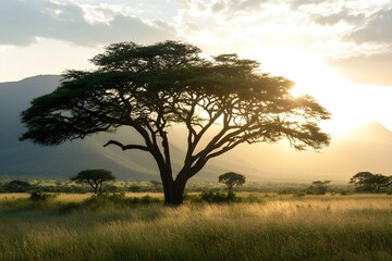 Obraz premium The beauty of the savannah, depicting a large tree standing majestically in a vast field, with towering mountains as a backdrop, depicting the harmony of nature