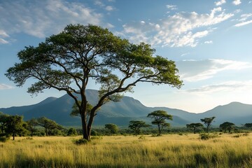 Obraz premium The beauty of the savannah, depicting a large tree standing majestically in a vast field, with towering mountains as a backdrop, depicting the harmony of nature