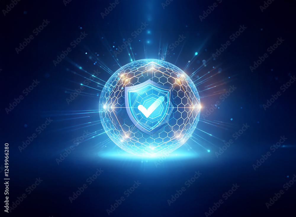 Aufkleber a glowing shield with a checkmark inside a hexagonal sphere emanates bright light against a dark blu